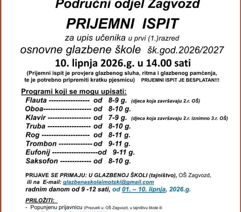 Upis u I. razred osnovne glazbene škole